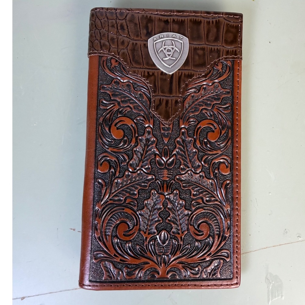 Ariat Rodeo Wallet OS Brown EUC Tooled Leather Croc Embossed Western Cowboy
